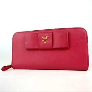 Prada Pink Bow Saffiano Long Zip Wallet